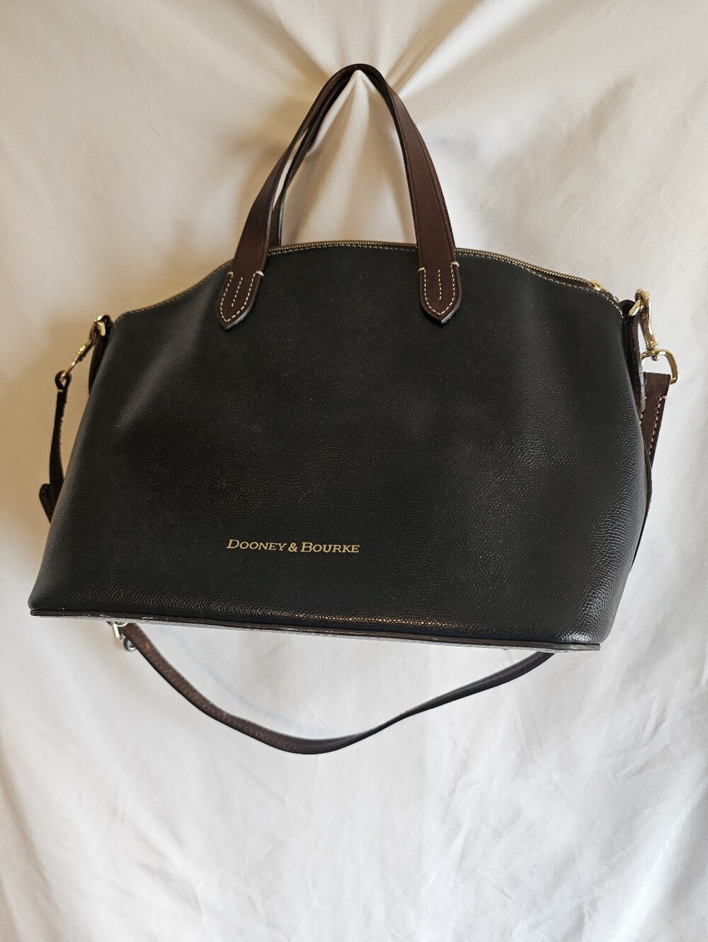 Dooney & Bourke Black Leather Satchel with Brown Handles